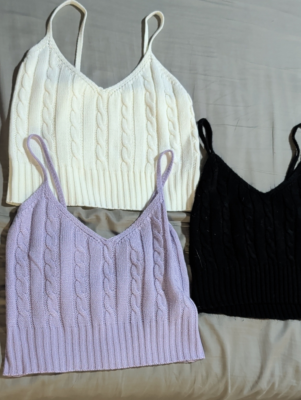 V-Neck Cable Knit Cropped Camisole - White, Lilac, Black
